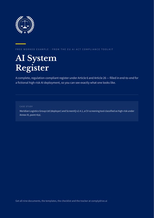 Cover of the free EU AI Act AI System Register sample document