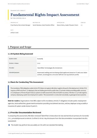 Fundamental Rights Impact Assessment — sample page from the EU AI Act Compliance Toolkit