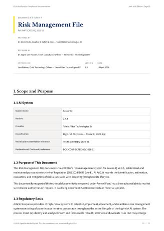 Risk Management File — sample page from the EU AI Act Compliance Toolkit