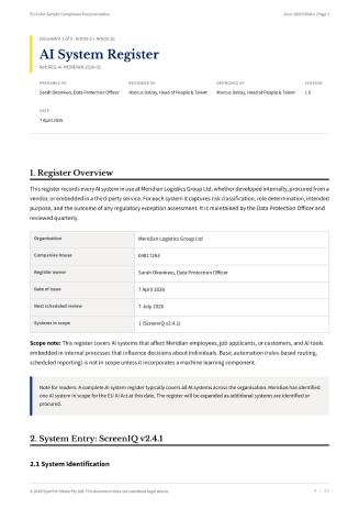 AI System Register — sample page from the EU AI Act Compliance Toolkit